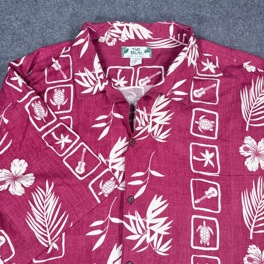 Two Palms Mens 3XL Hawaiian Shirt Burgundy Red Rayon Sea Turtle Ukulele Hibiscus